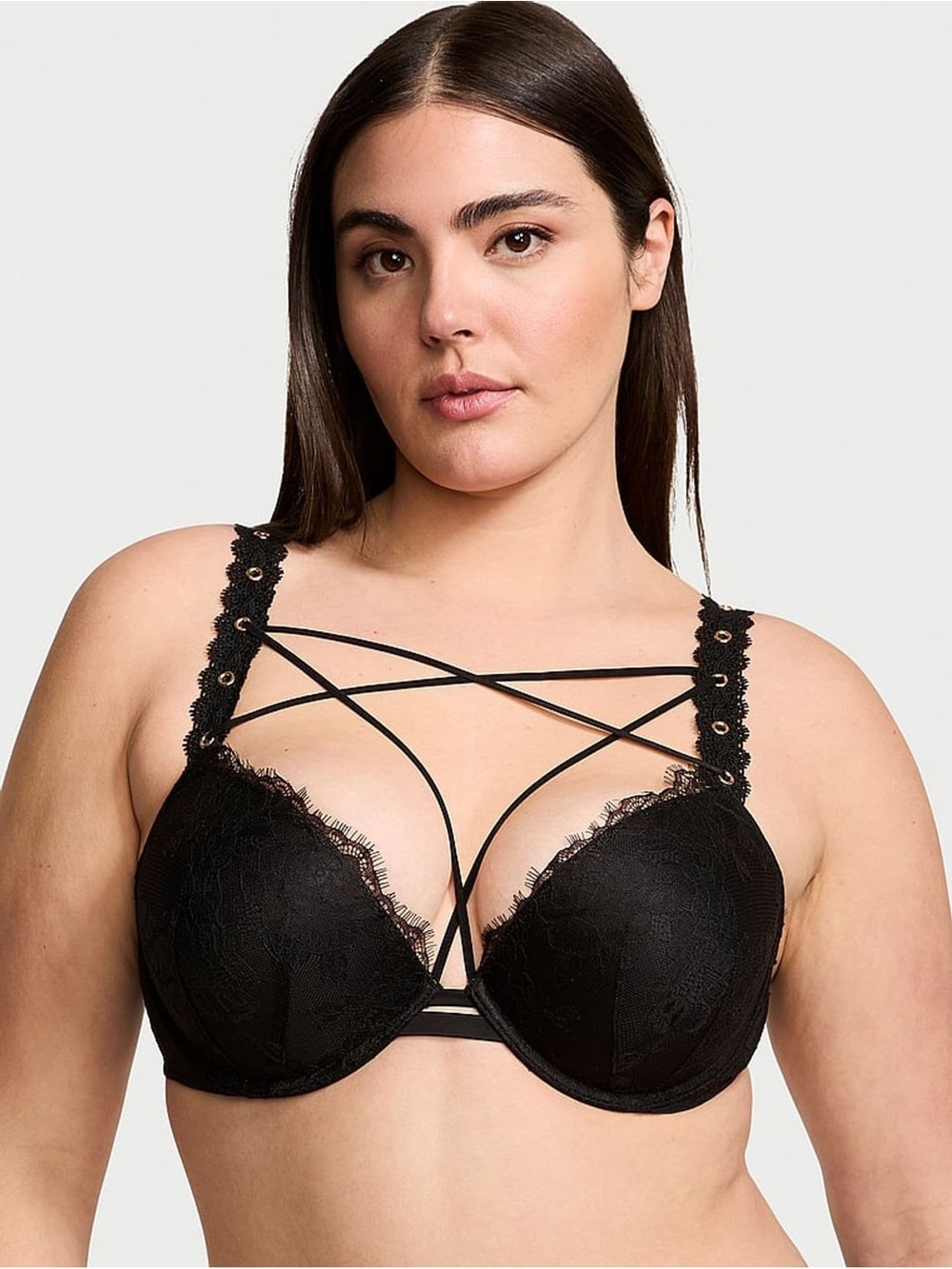 36C NEW Victoria's Secret Womens Very Sexy Push Up Black Bra Straps Gold Eyelets